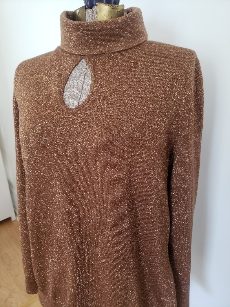 Vintage Lane Bryant Metallic Brown Keyhole Turtleneck Sweater Retro 1990s Simple Elegant Women's Fashion 90s Winter Clothing image 3