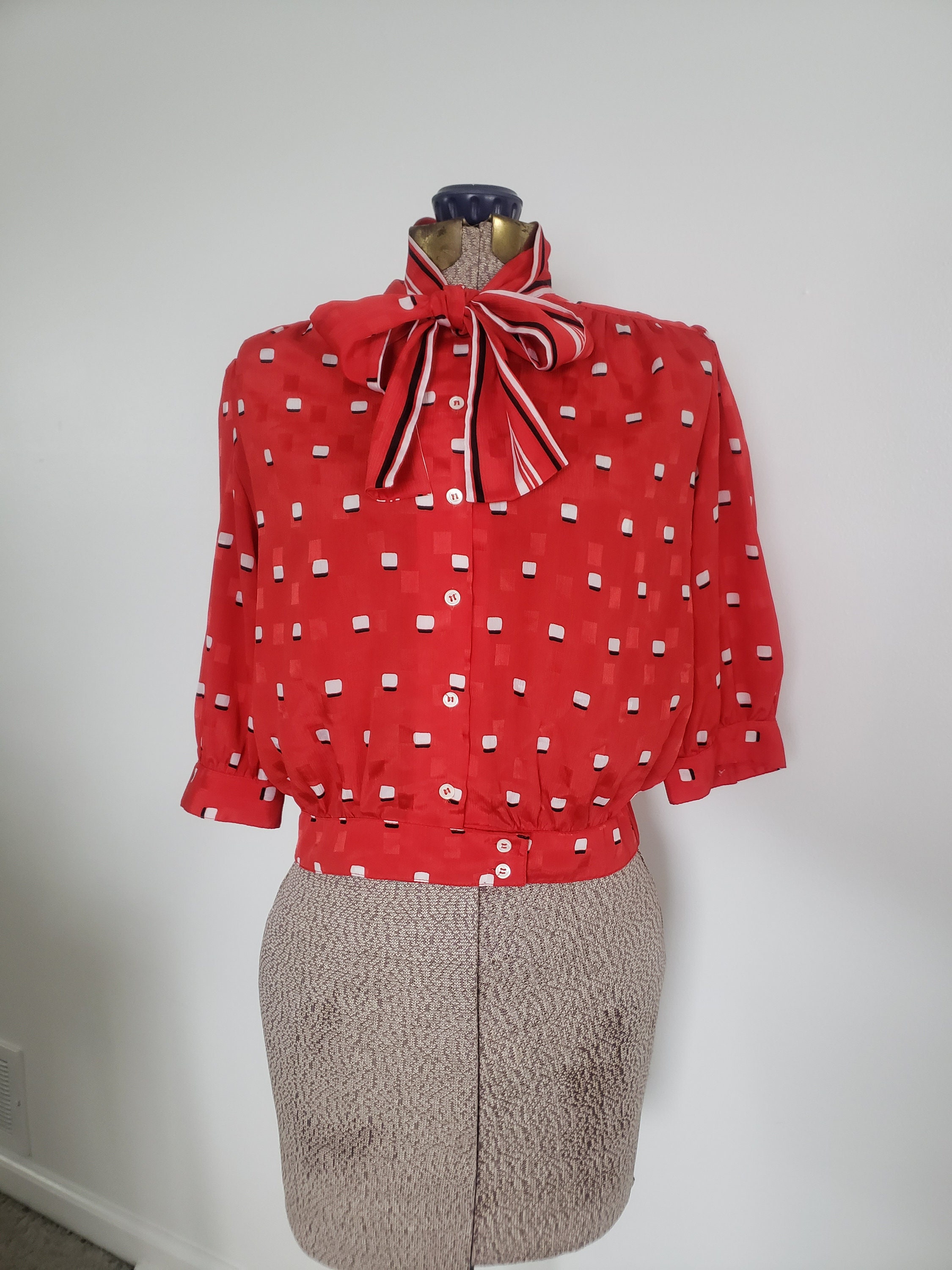 Red and White Polka Dot Button Up Blouse with Pussy Bow Circa 1970s