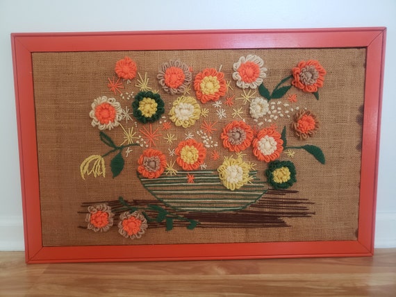 Vintage '70s Large Crewel Embroidery Art Floral Framed Flower