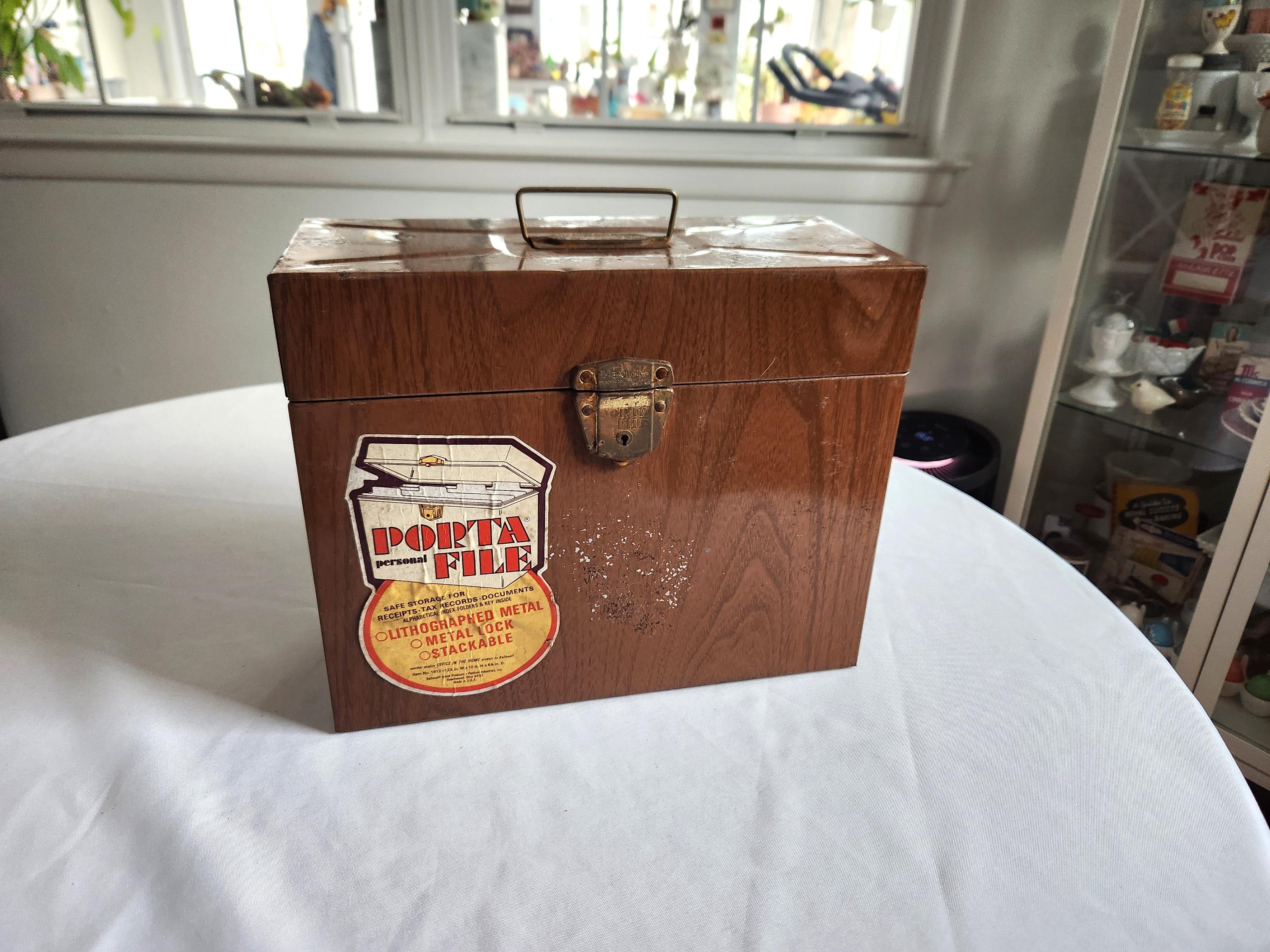 Vintage Porta-file Faux Wood Metal Storage Case With Key -- Retro 