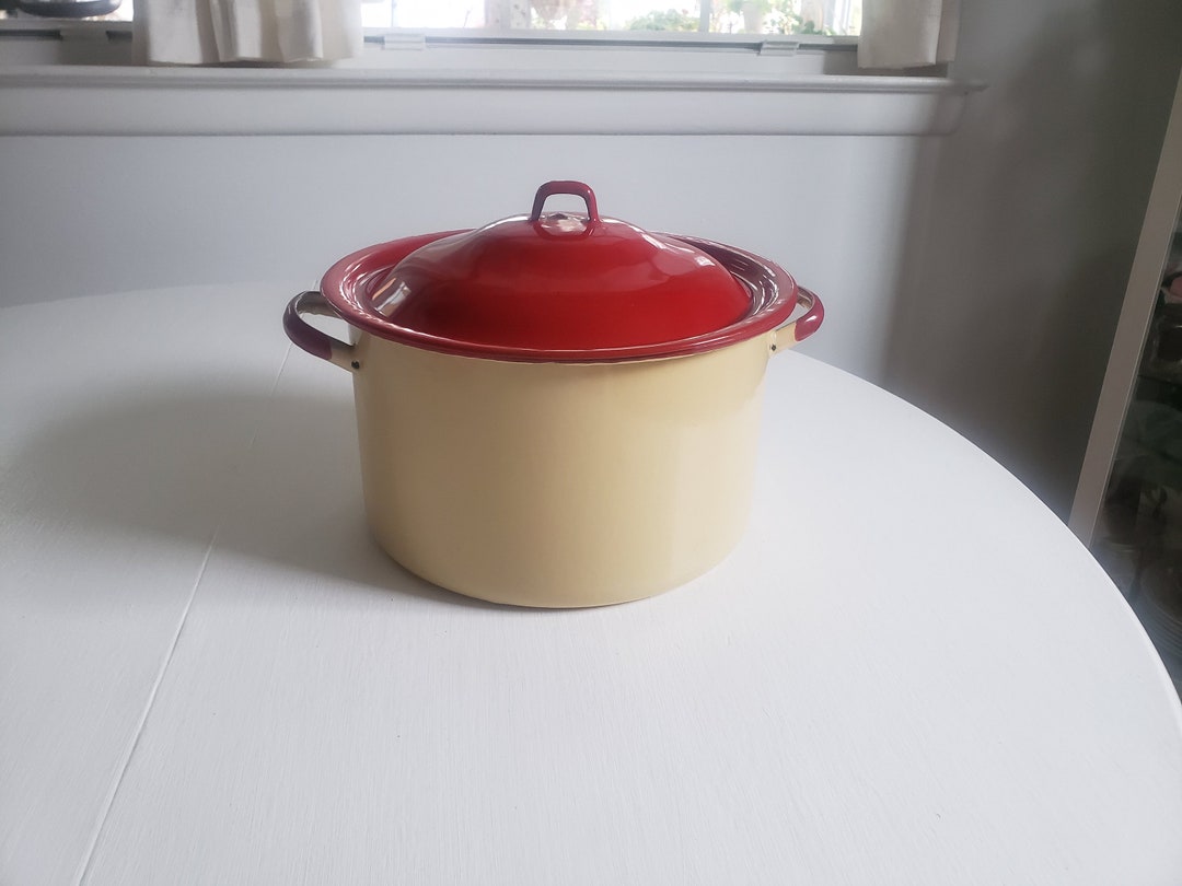 Vintage Red & Cream Yellow Enamel Pot With Lid Retro Colorful