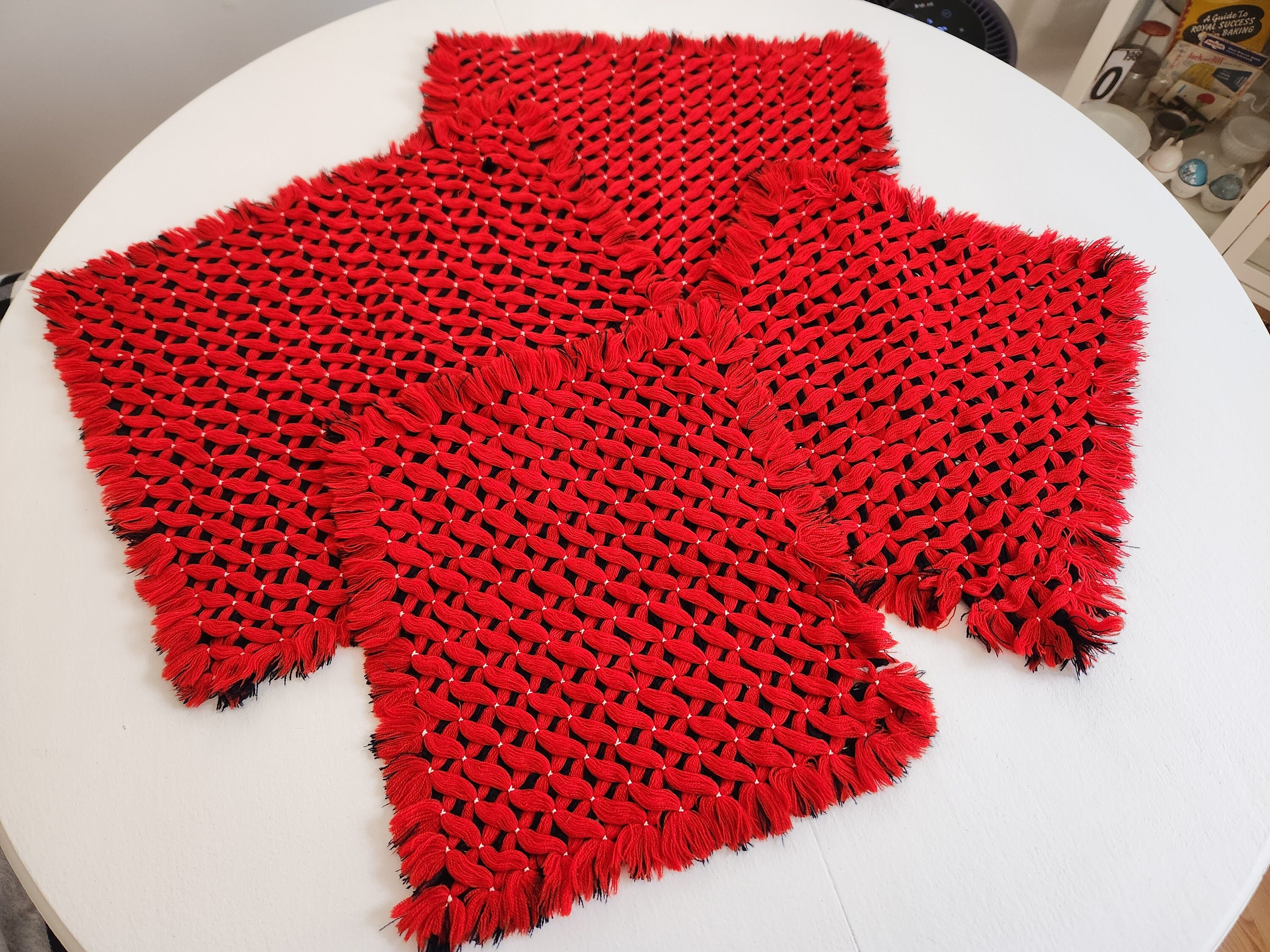 Vintage Red & Black Woven Yarn Thread Table Placemats Doilies - Set of ...