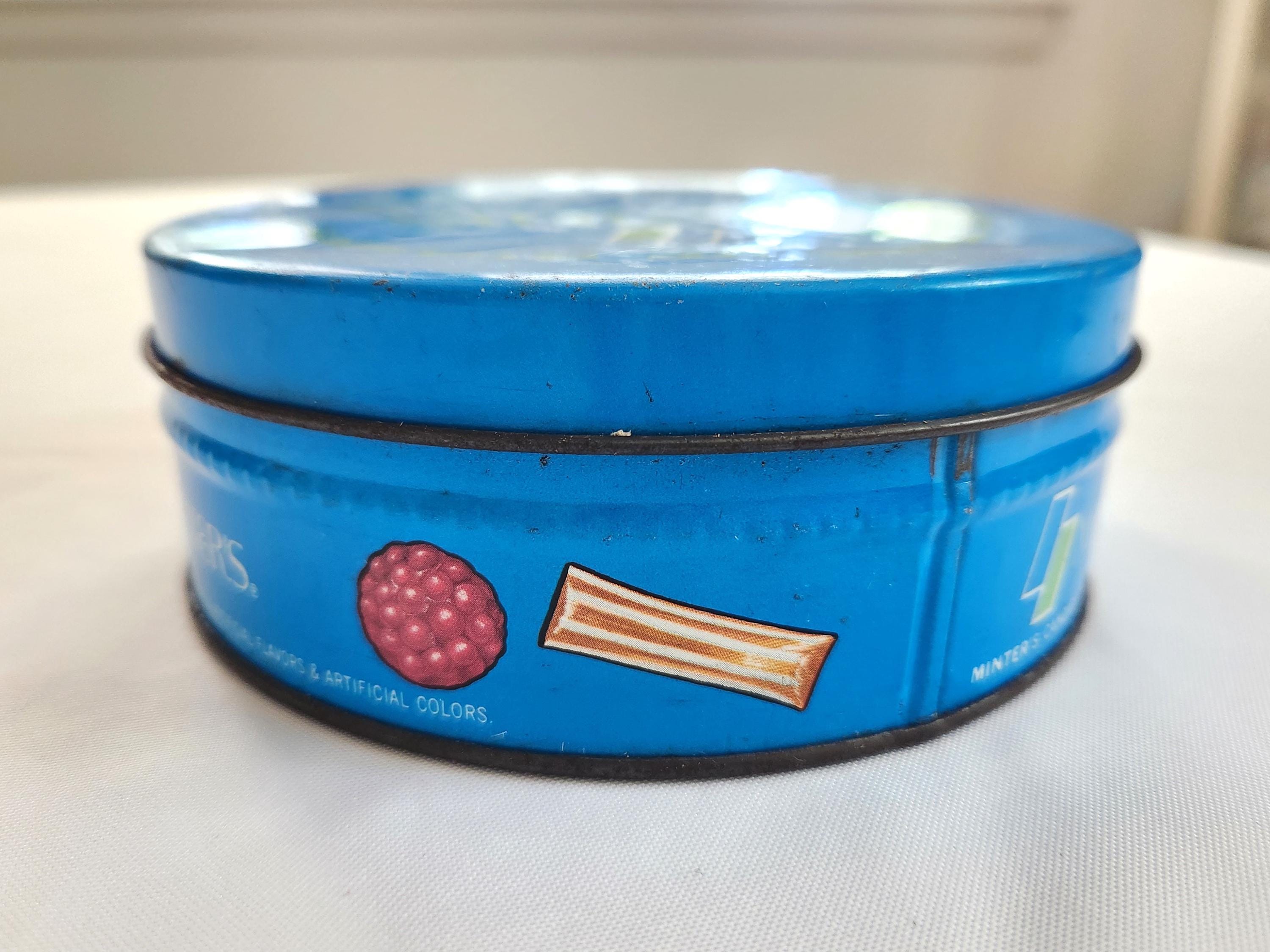 Vintage Minter's Candies Round Blue Tin --- Retro Candy Shop