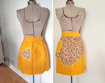 Vintage Ochre Yellow Floral Reversible Waist Tie Apron --- Retro 1950s 1960s Style Cute Colorful Kitchen Linens --- Artist Baker Chef Gift