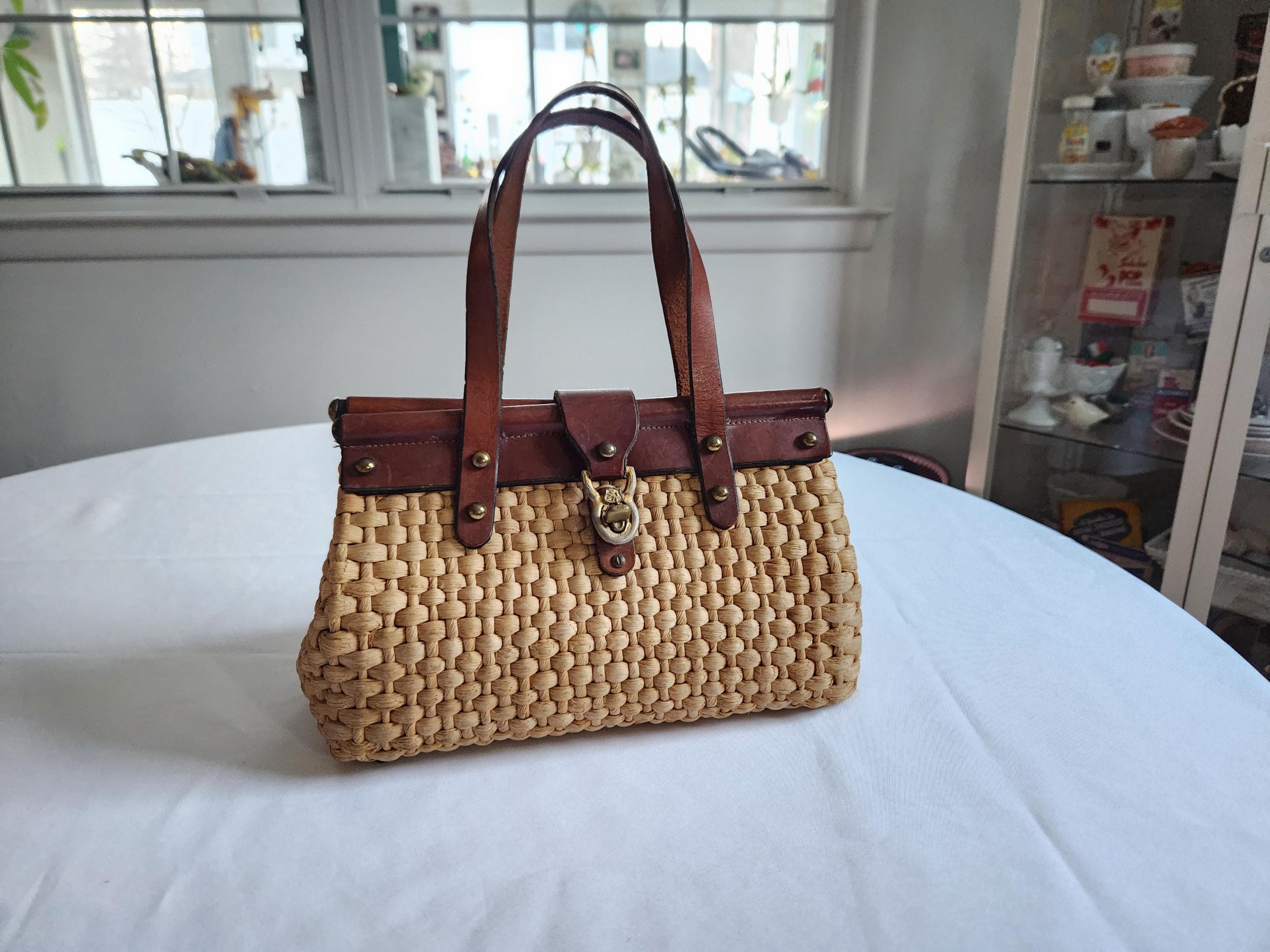 Vintage Woven Grass Wicker Style Leather Top Handle Purse --- Retro 1950s 1960s Timeless Women's Fashion Accessory Handbag Cottagecore Bag