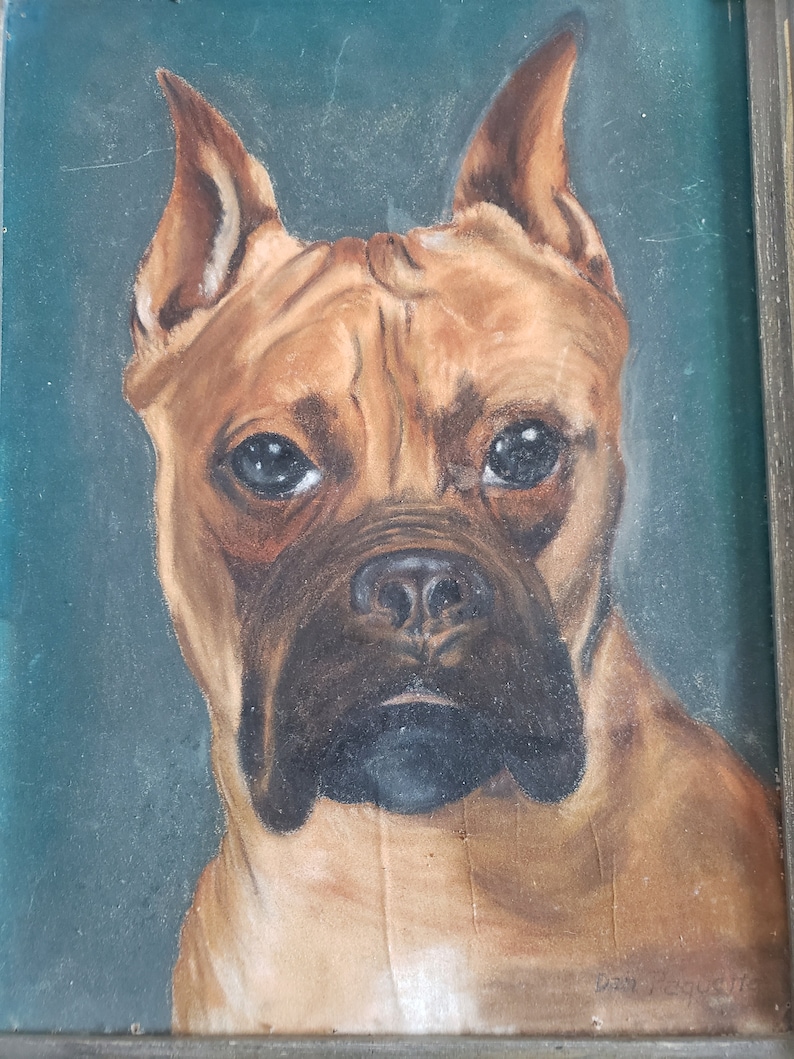 - Vintage Brown Boxer Dog Chalk Pastel Original Artwork American Folk Art Home Decor Retro Man/'s Best Friend Framed Illustration -