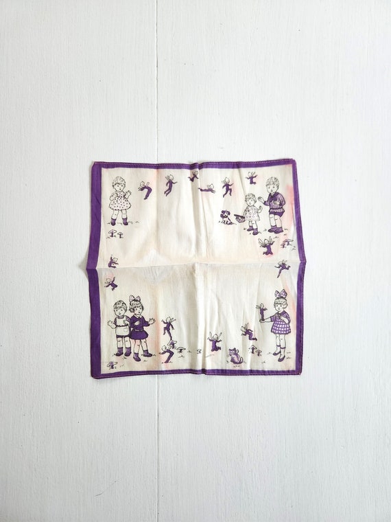 Vintage Pixies & Children Purple White Handkerchi… - image 1