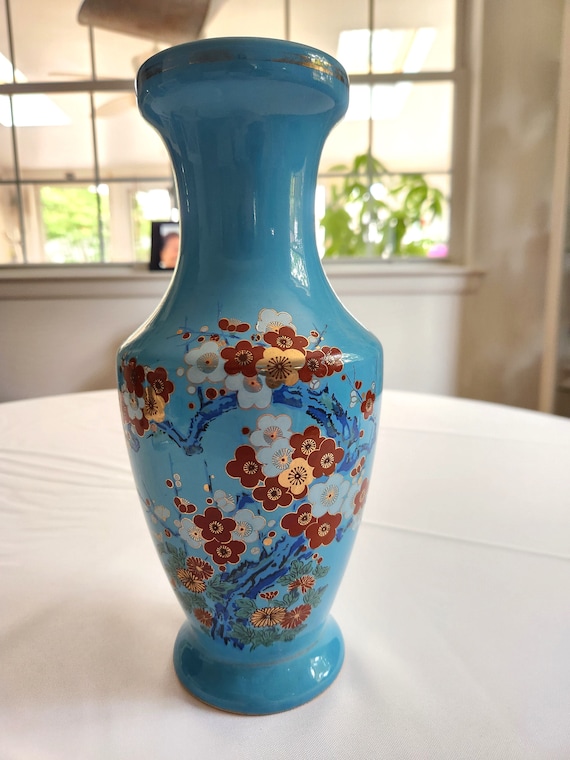 Vintage Sakura Flowers Blue Ceramic Vase --- Retro Colorful