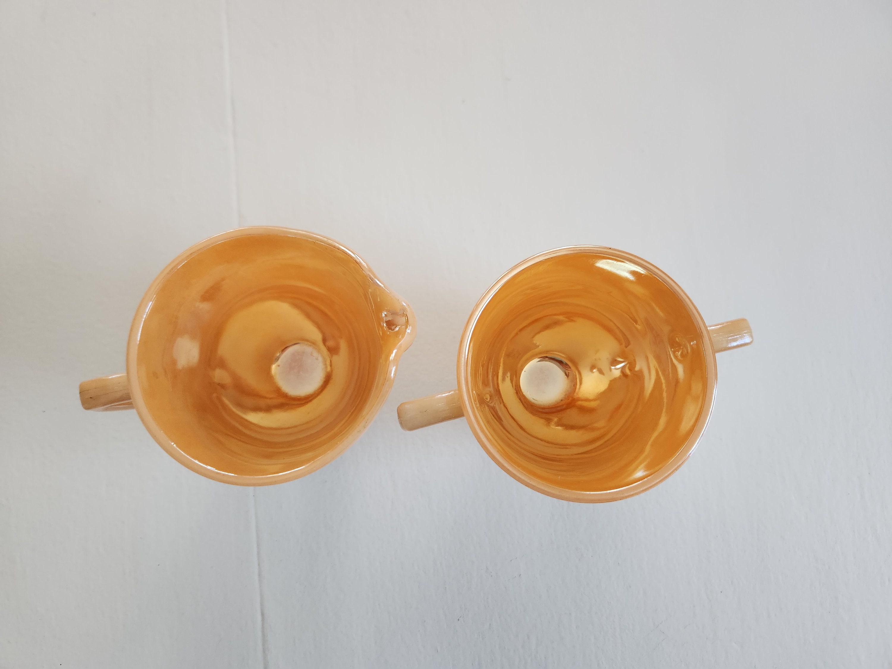 Vintage Fire-king Oven Ware Orange Lustreware Sugar Bowl & Creamer