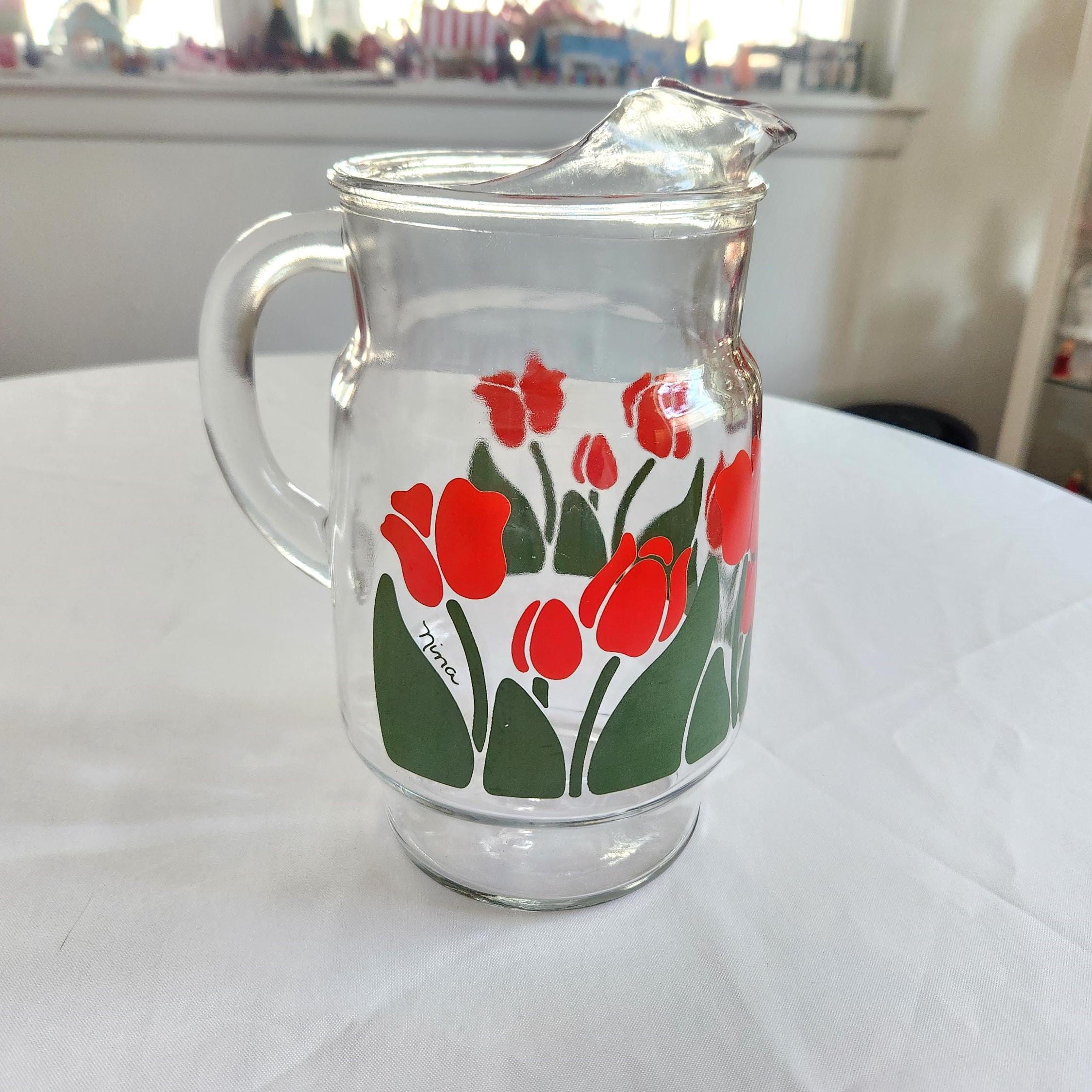 Vintage Nina 1983 CHD Red Tulip Clear Glass Pitcher With Ice Guard