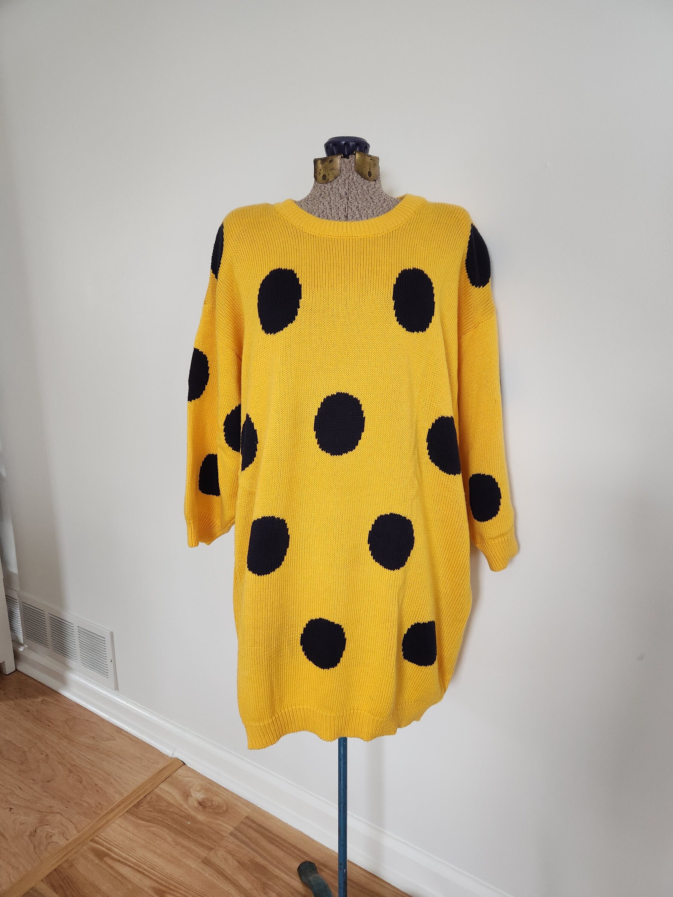 Vintage Karan Co Yellow Big Polka Dots Sweater Dress Retro