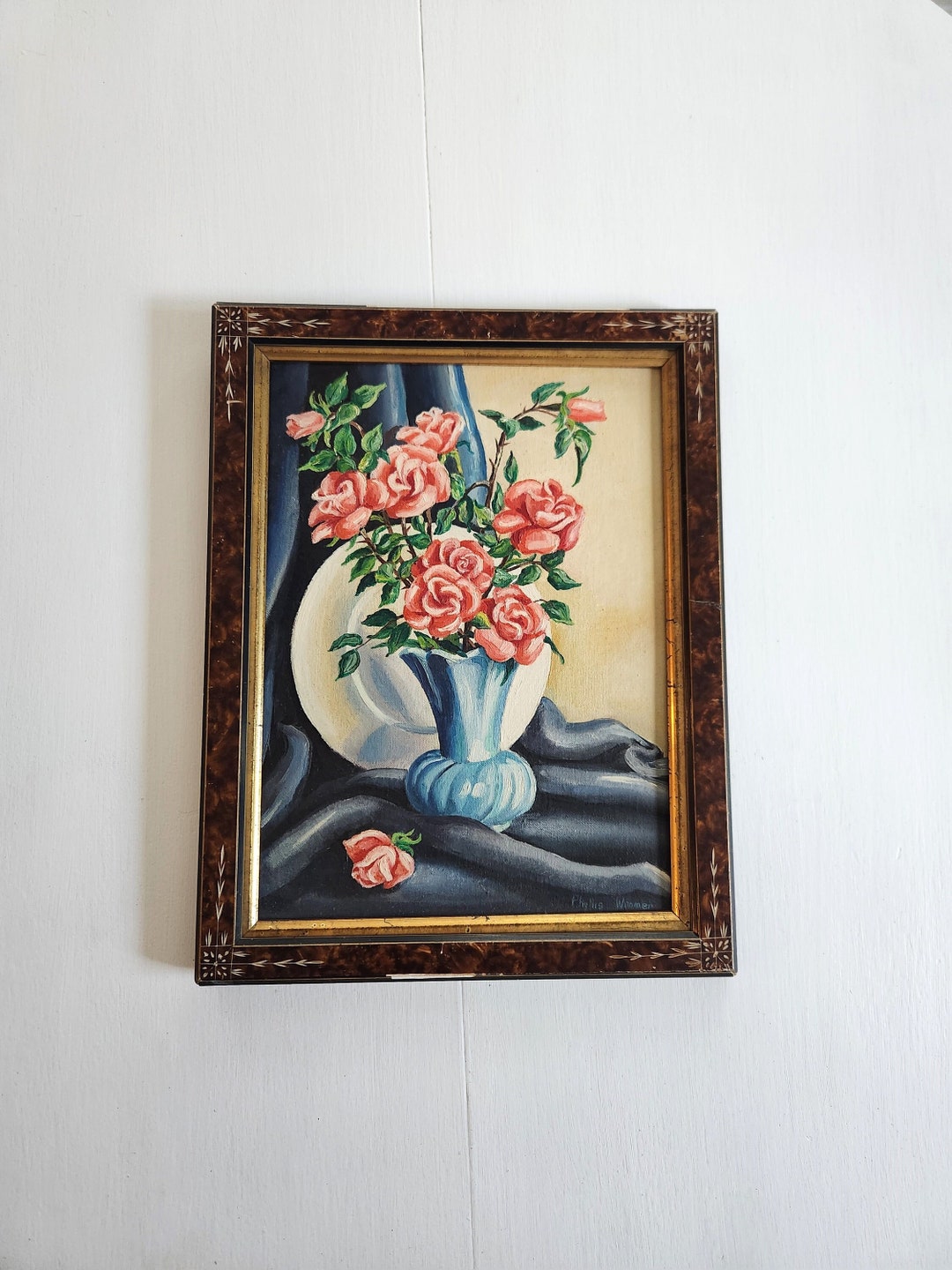 Vintage Pink Rose Flowers in Blue Vase Still Life Framed Original ...
