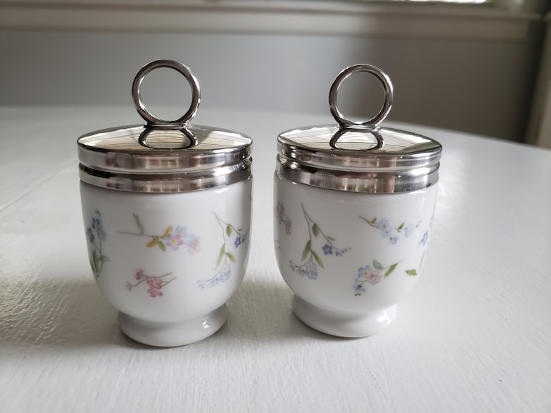 - - Retro English Breakfast China Vintage Royal Worcester Little Pastel Wildflowers Fine Porcelain Egg Coddlers Romantic Kitchen Decor