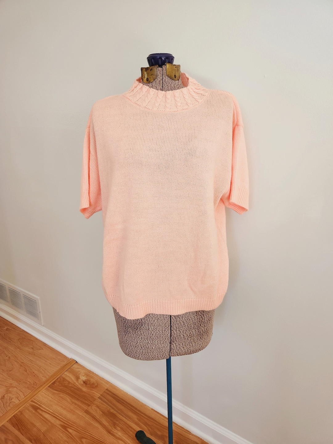 Vintage Willow Ridge Peach Pink Mockneck Short Sleeve Sweater