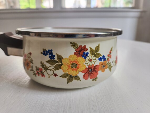 Retro Floral Enamel Cookware Set Sauce Pots Pans Vtg Kitchen enamelwar