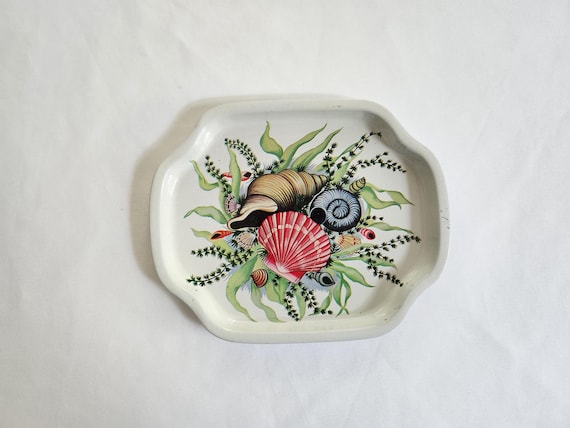Vintage Seashells Little Metal Tray --- Retro Under the Sea Beach Marine Life Home Decor --- Loose Change Keys Jewelry Trinket Dish