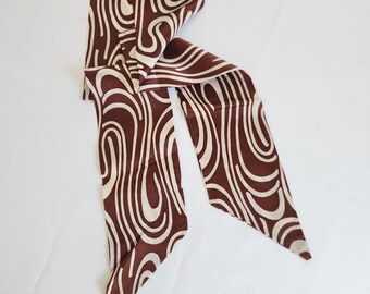Vintage Brown & White Groovy Swirl Skinny Scarf --- Retro Mod 1960s 1970s Headband Ascot Pussy Bow Fashion Accessory Disco Vibes Neck Tie