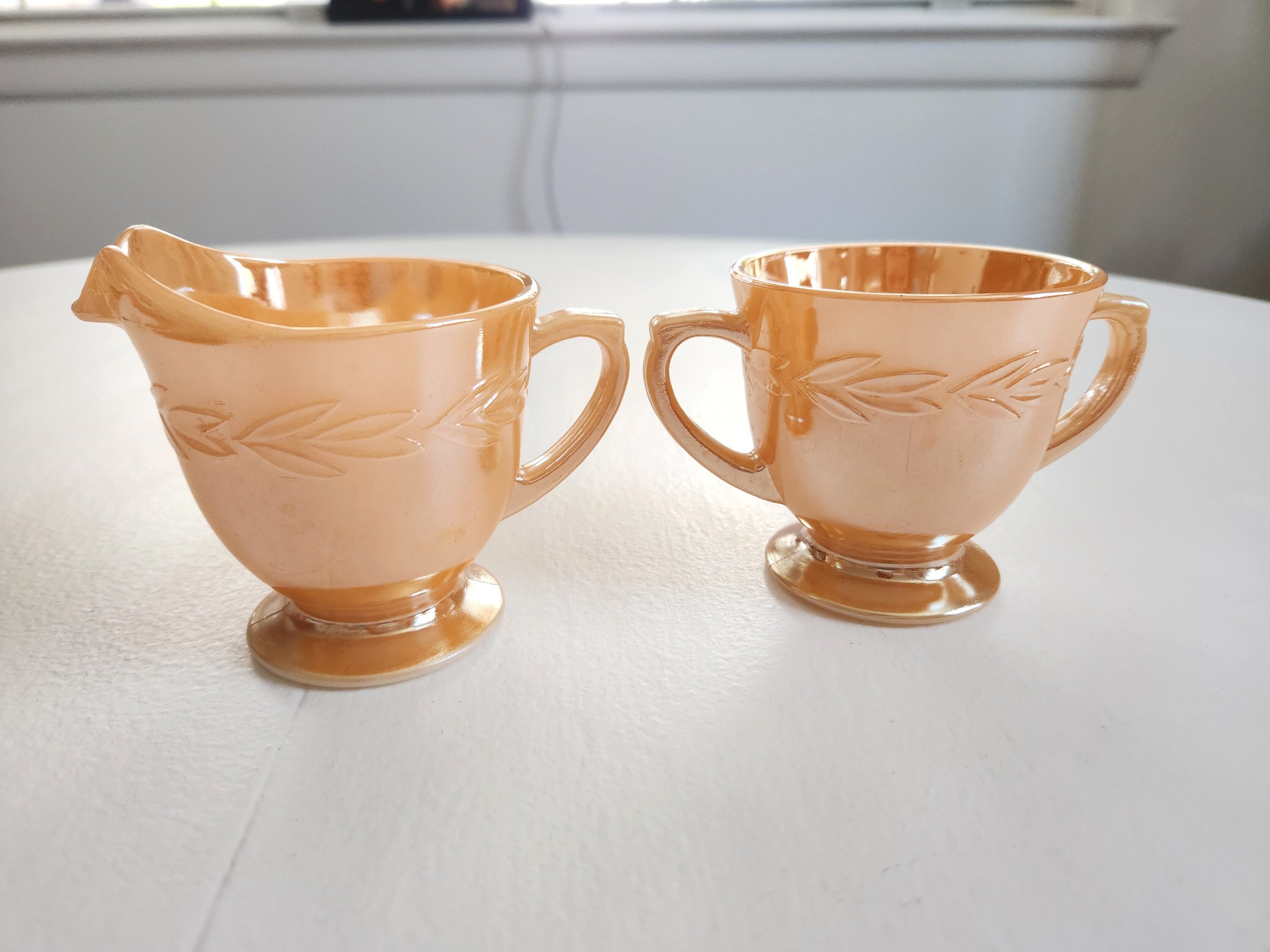 Vintage Fire-king Oven Ware Orange Lustreware Sugar Bowl & Creamer