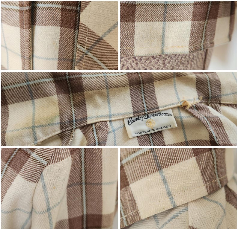 May include: Close-up of a vintage plaid shirt in cream, brown, and light blue. The shirt features a classic plaid pattern and a label that reads "Country Sophisticates, Portland, Oregon."