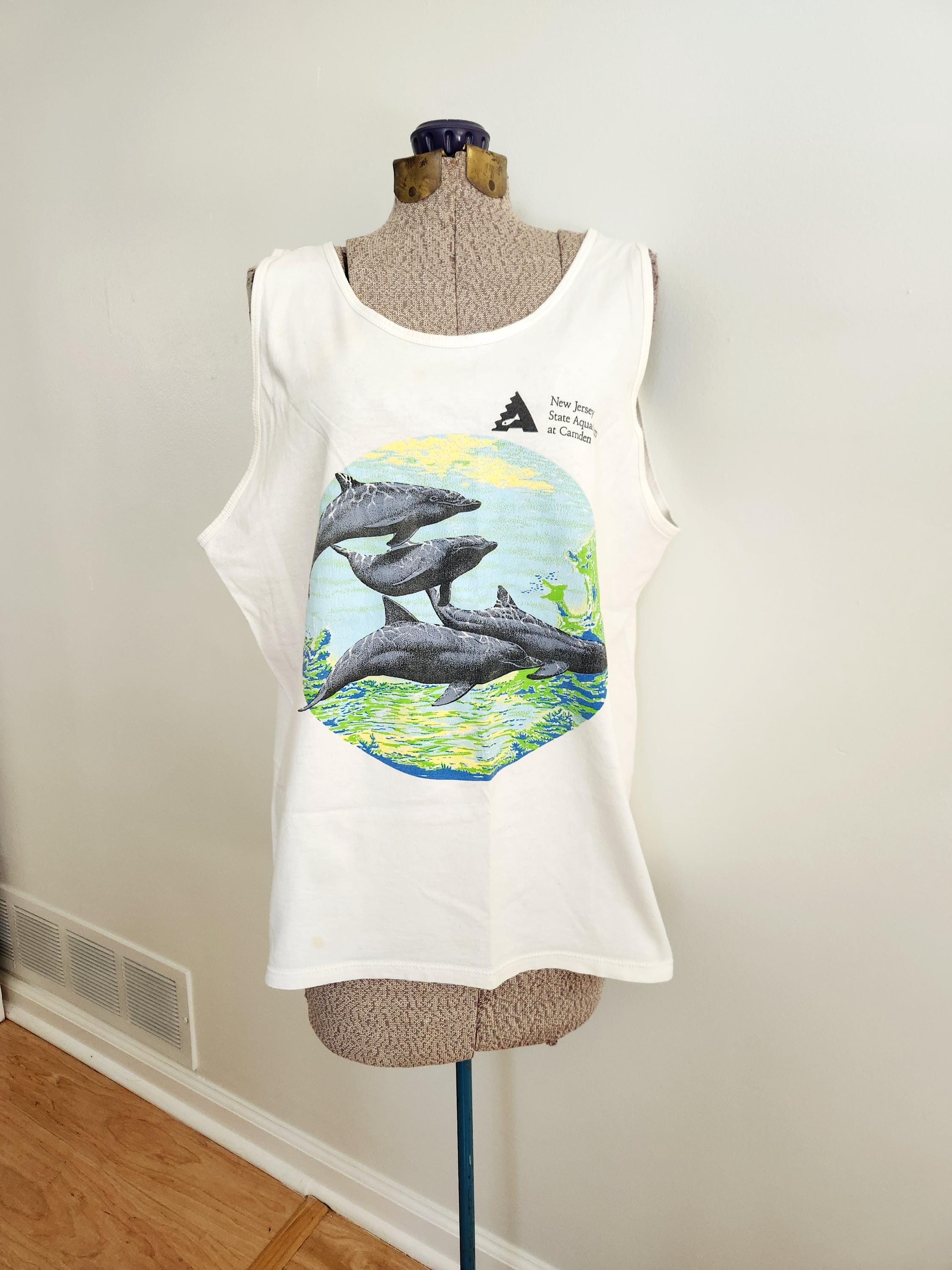 Vintage New Jersey State Aquarium at Camden Souvenir Tank Top --- Retro 1990s 2000s Dolphins Summer Graphic Tee Shirt --- Coastal Vibes, image size:2250x3000