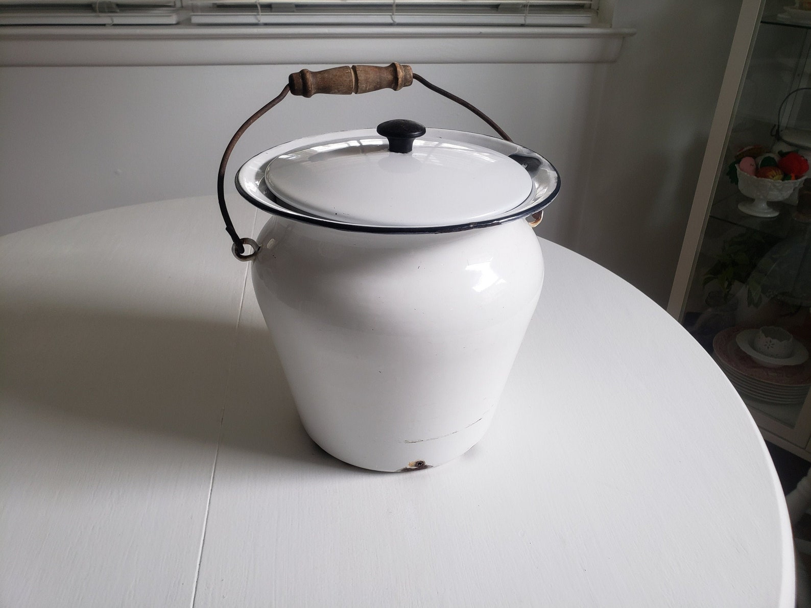 Vintage White Enamel Uniquely Shaped Bucket with Lid Etsy