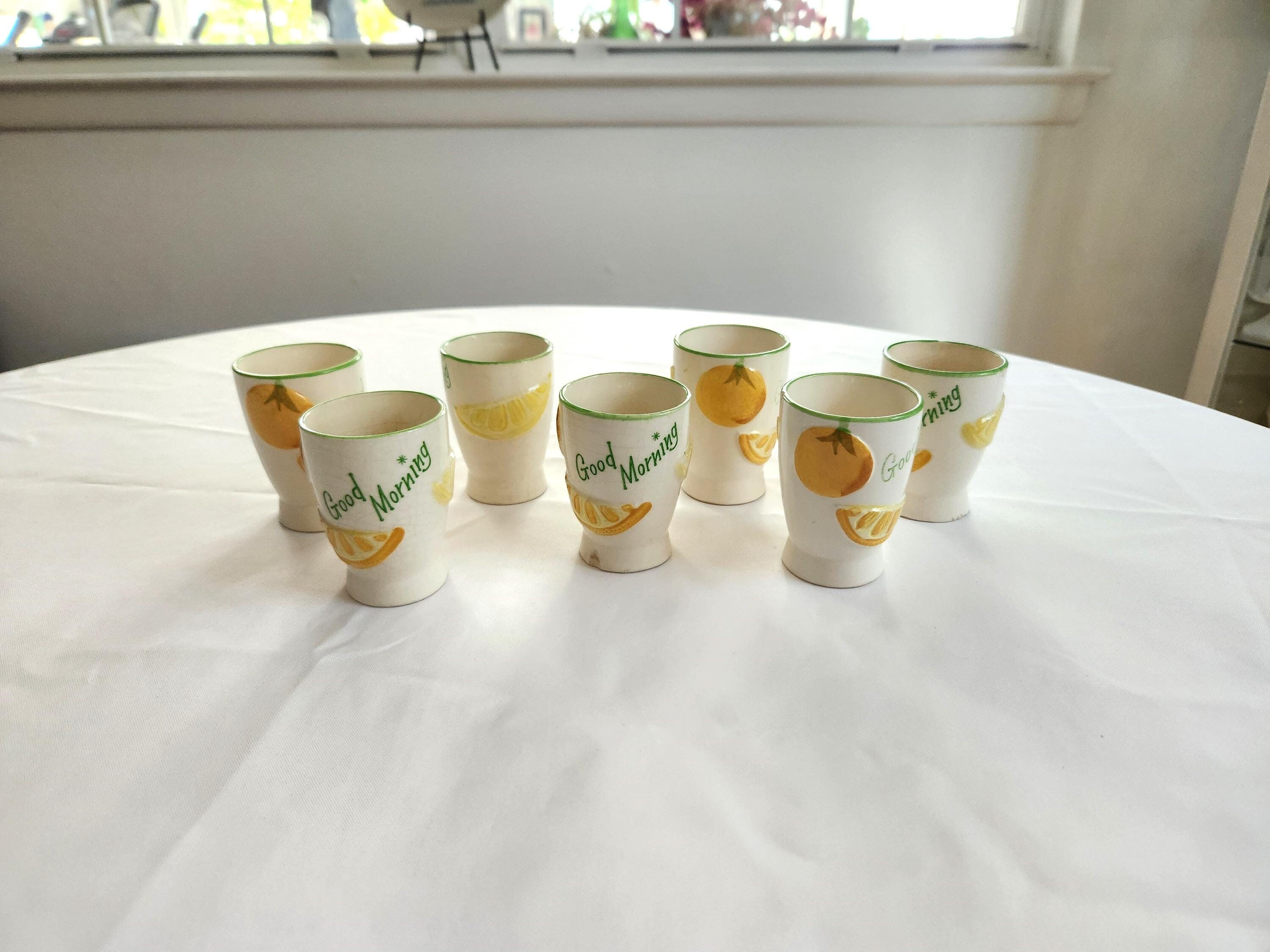 Vintage Good Morning Ceramic Orange Juice Cups - Set of Seven