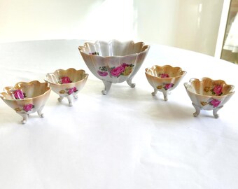 Antique German Porcelain Rose Petal Footed Bowls - Set of Five - Vintage 1910s 1920s Pretty Garden Flowers Serving Ring Trinket Dishes