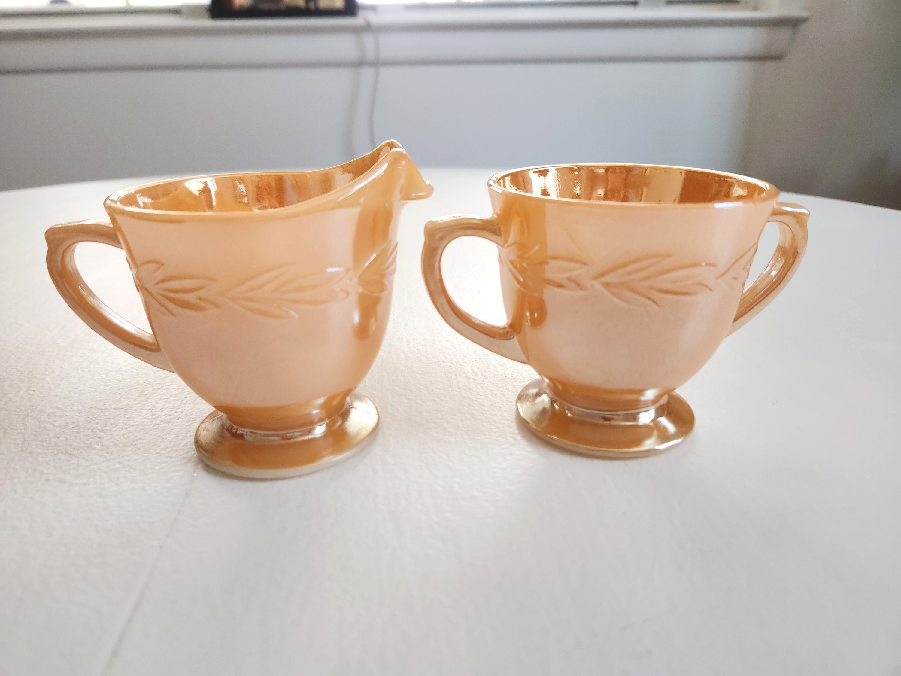 Vintage Fire-king Oven Ware Orange Lustreware Sugar Bowl & Creamer