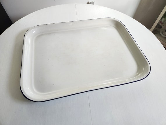 White Enamel Vintage Food Serving Tray Rustic Dish Country Kitchen Dec
