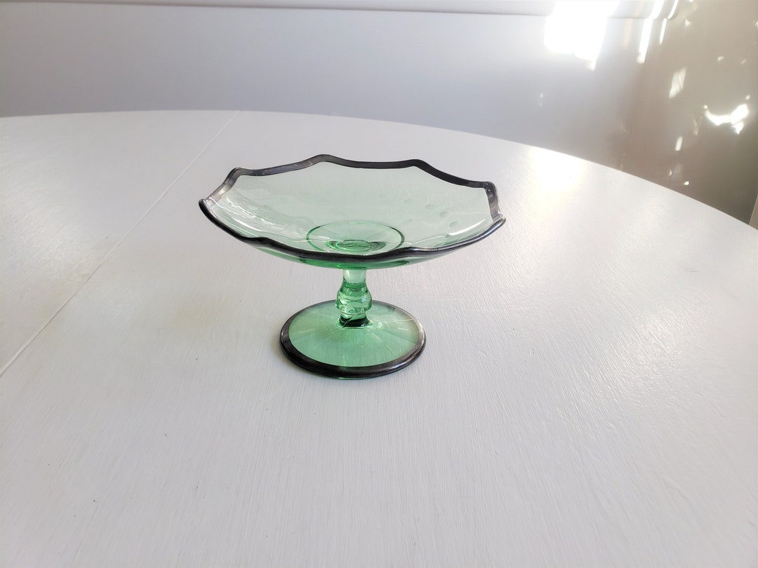 Vintage Green Glass Pedestal Dish Antique Style Colorful Glassware
