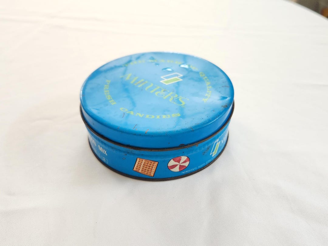 Vintage Minter's Candies Round Blue Tin --- Retro Candy Shop