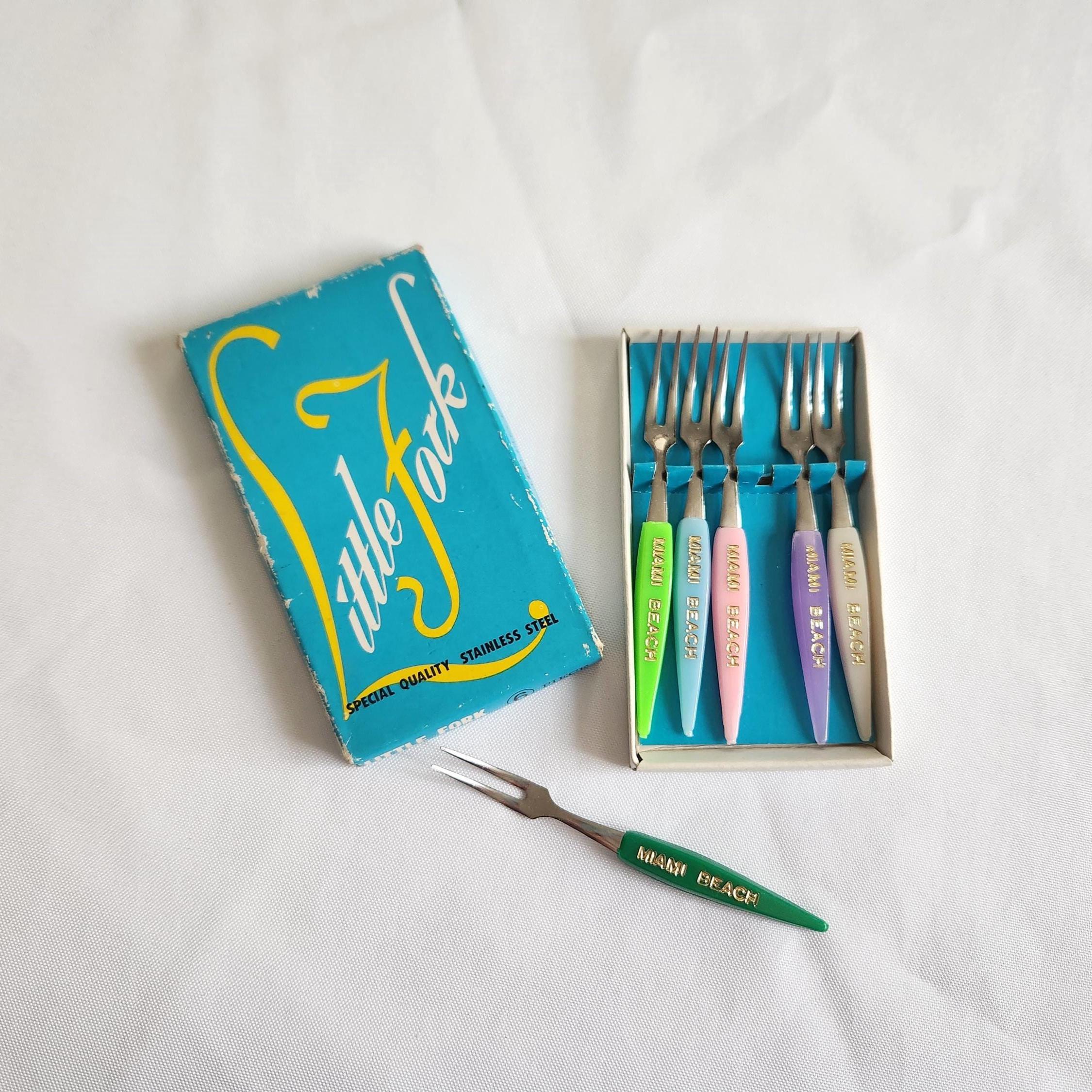 Vintage Miami Beach Little Forks in Original Box - Set of Six - Retro Hors D'oeuvres Appetizers Serving Flatware -- Florida Souvenir Kitchen