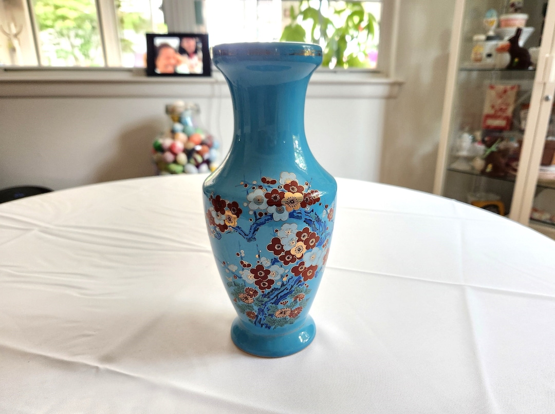 Vintage Sakura Flowers Blue Ceramic Vase --- Retro Colorful