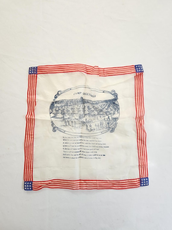 Antique Camp Greetings WWI Army Handkerchief --- Vintage Edwardian Era American Military Souvenir --- Patriotic Militaria Home Decor