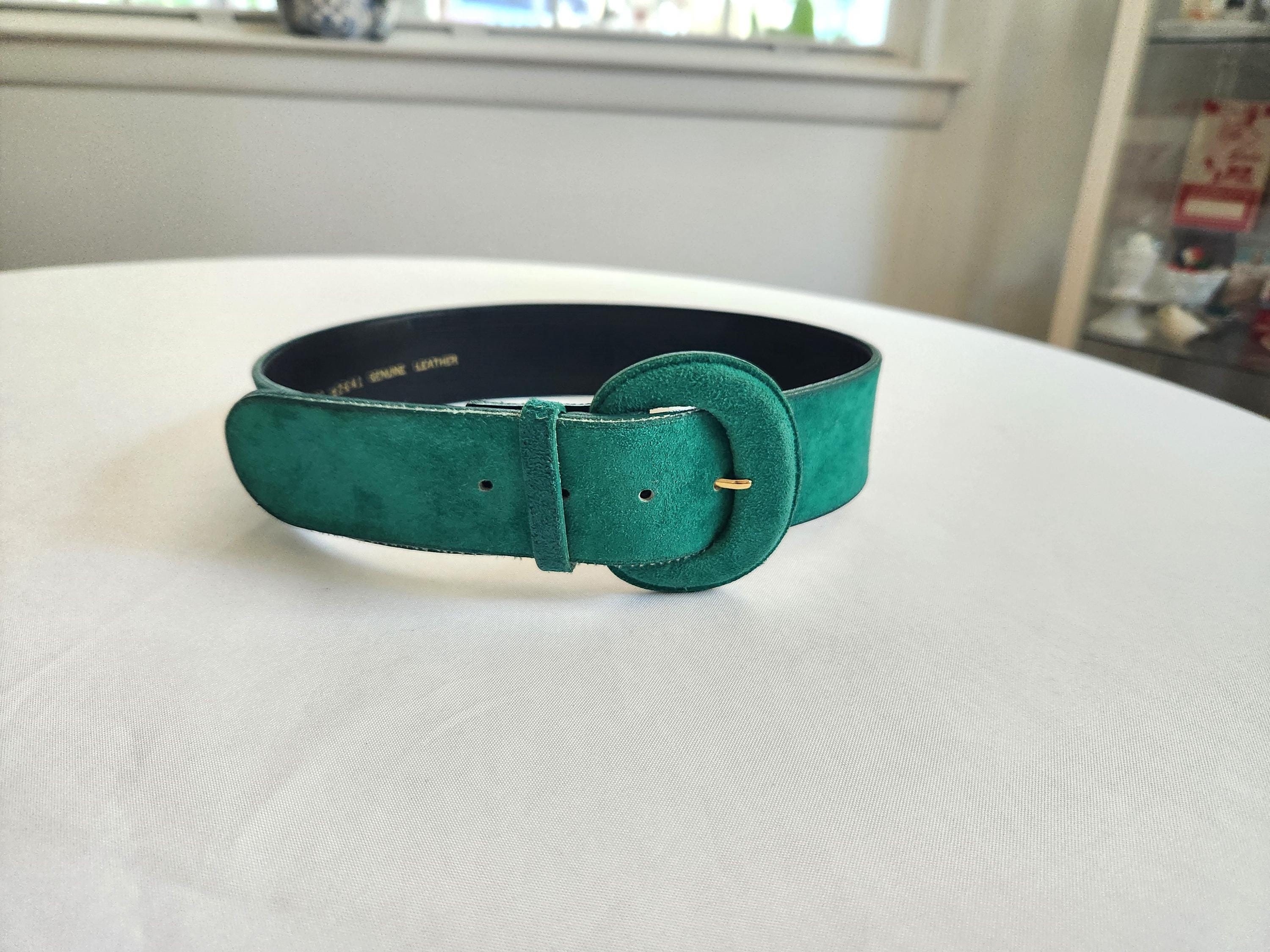 Vintage Art Deco Handmade Green Suede Belt w/Red Suede Flowers. Made in Germany. b1216a-lime-green-suede-belt-  main image 4
