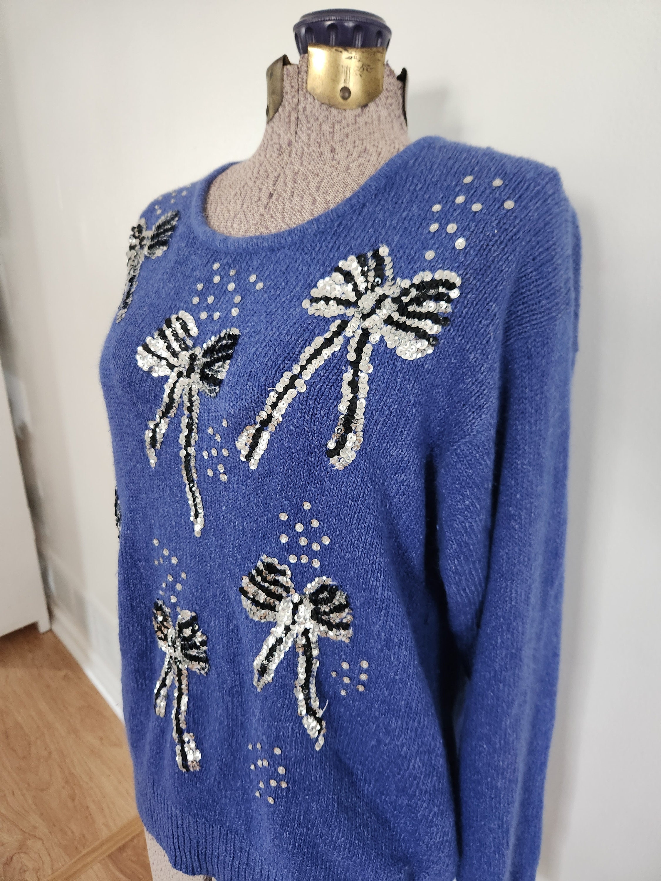 Vintage Worthington Silver Sequins Bows Blue Sweater