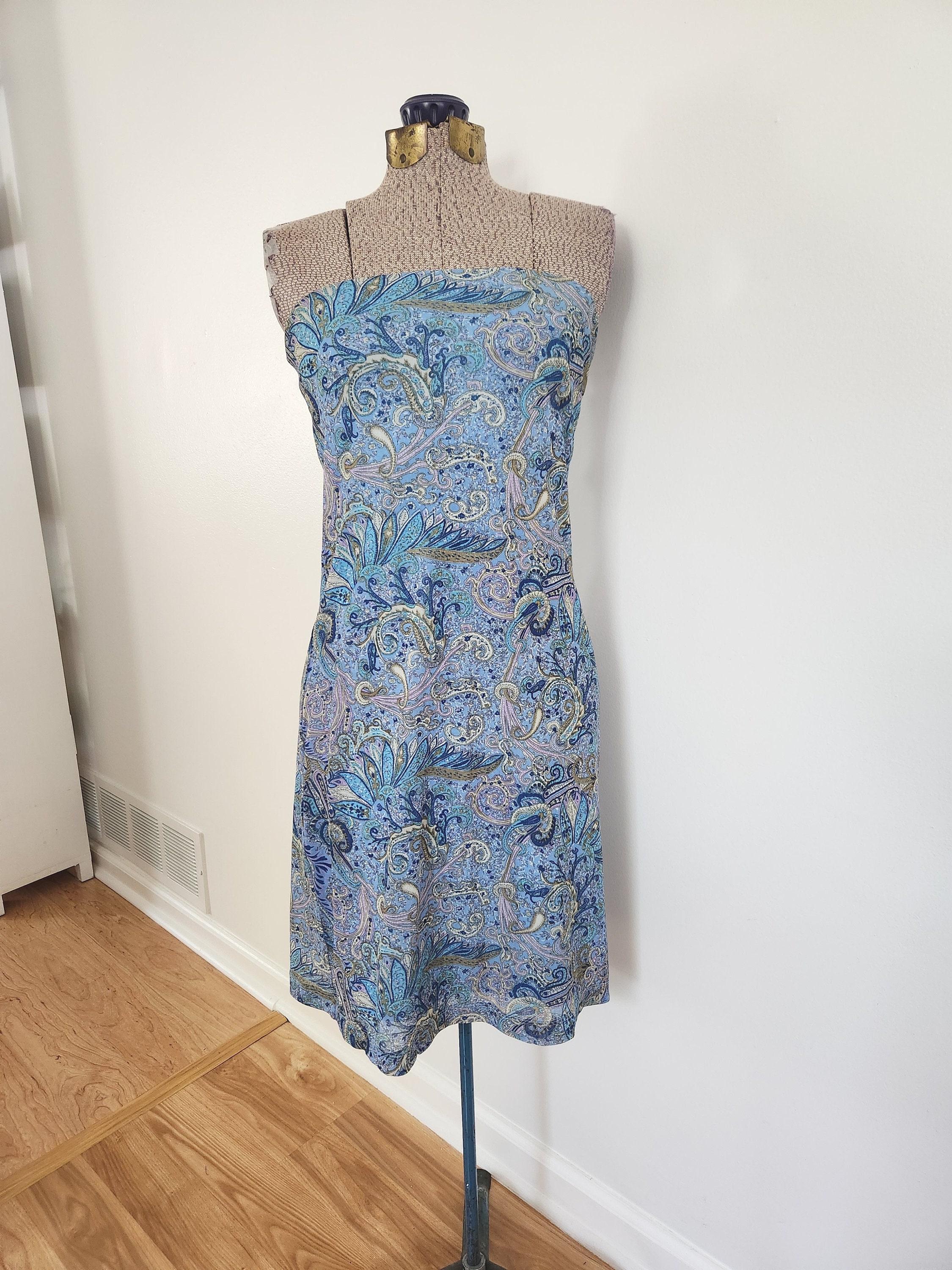 blue express dress Vintage World Brand Paisley Strapless Tube Top --- Retro 1990s 2000s Summer Party Casual Dress --- Y2K Women's Clothing Midi