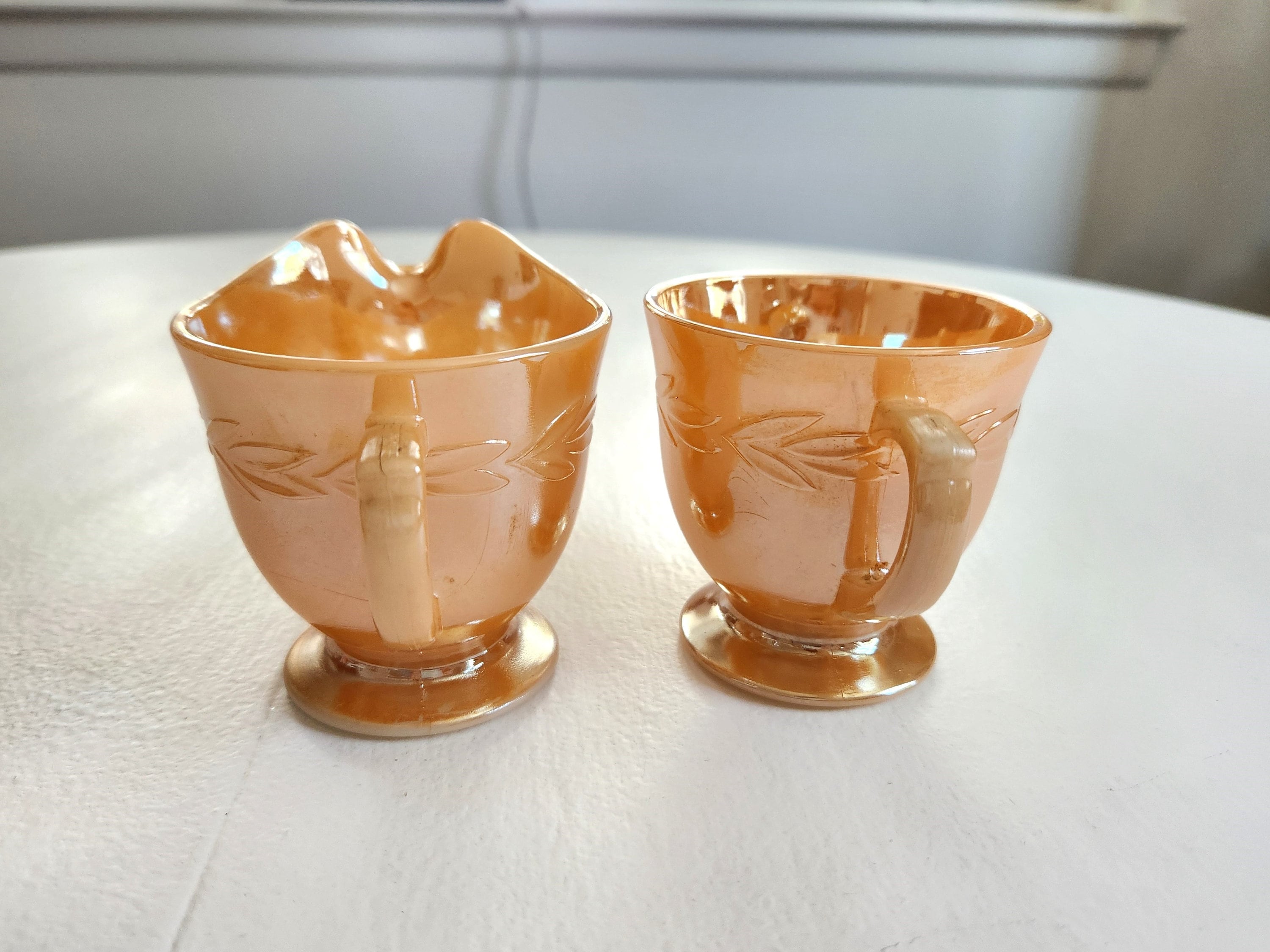 Vintage Fire-king Oven Ware Orange Lustreware Sugar Bowl & Creamer
