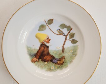 Vintage Thomas Germany Gnome & Bluebird Porcelain Plate --- Retro