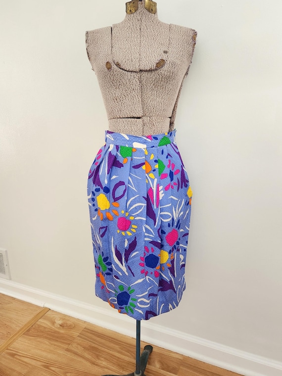 Vintage Carlisle Colorful Abstract Floral Pattern Blue Silk Skirt