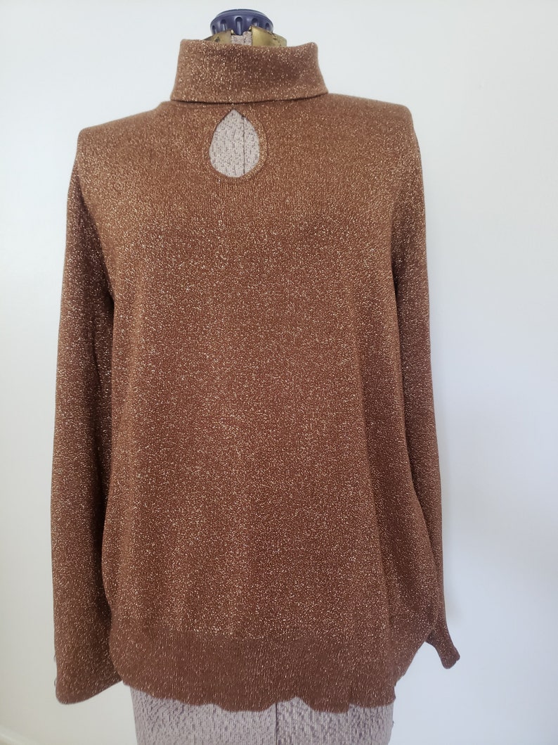 Vintage Lane Bryant Metallic Brown Keyhole Turtleneck Sweater Retro 1990s Simple Elegant Women's Fashion 90s Winter Clothing image 2