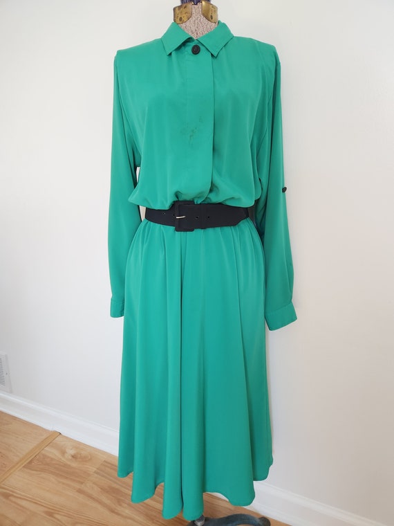 Vintage Ms Chaus Green Dress with Black Belt --- … - image 2