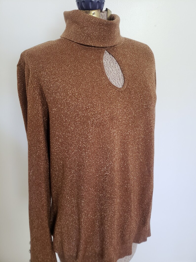 Vintage Lane Bryant Metallic Brown Keyhole Turtleneck Sweater Retro 1990s Simple Elegant Women's Fashion 90s Winter Clothing image 7