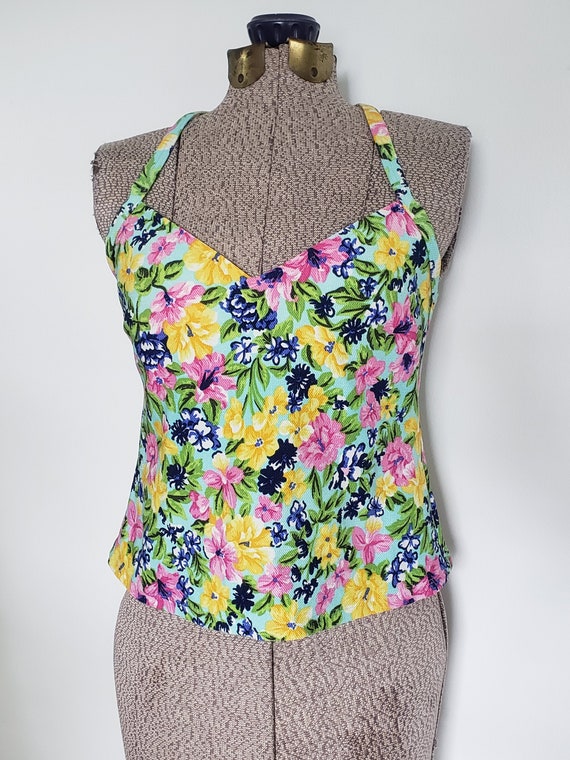 Vintage Liz Claiborne Colorful Floral Tankini Swimsuit Top Retro