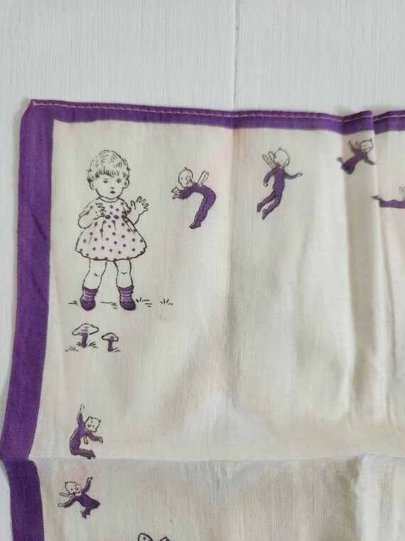 Vintage Pixies & Children Purple White Handkerchi… - image 3