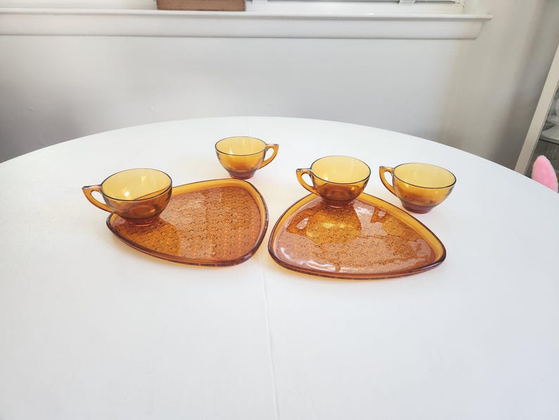 Vintage Amber Brown Glass Snack & Drink Serving Set - Set of Six Pieces - Retro Colored Glassware Groovy Servingware Plates and Tea Cups image 1