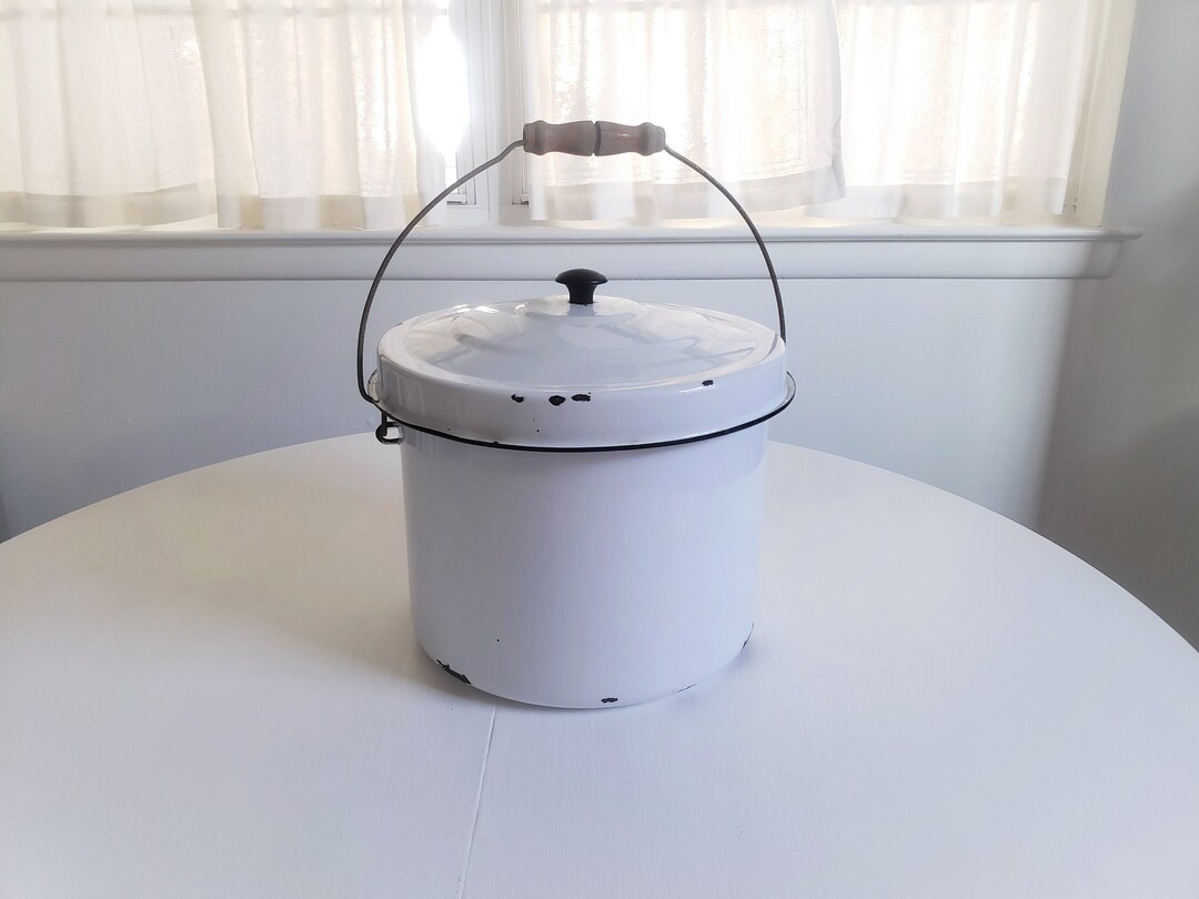 Vintage White Enamel Bucket With Lid Antique Farmhouse Etsy