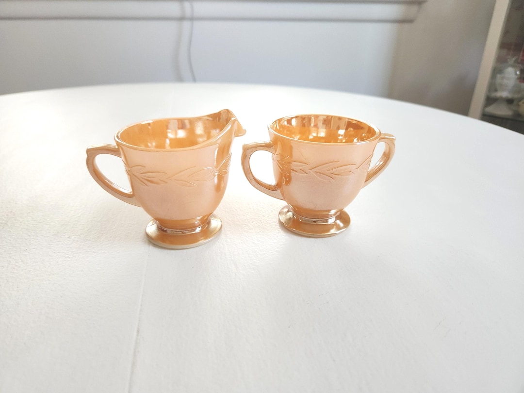 Vintage Fire-king Oven Ware Orange Lustreware Sugar Bowl & Creamer