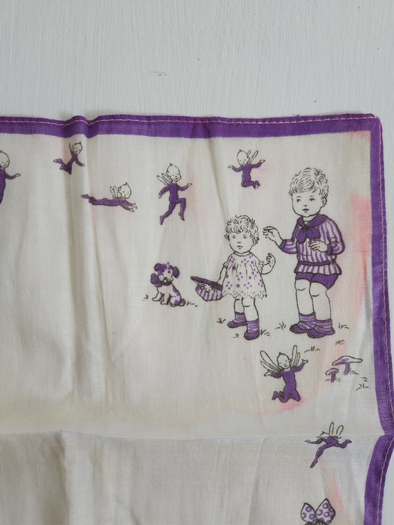 Vintage Pixies & Children Purple White Handkerchi… - image 4