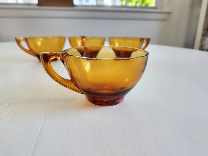 Vintage Amber Brown Glass Snack & Drink Serving Set - Set of Six Pieces - Retro Colored Glassware Groovy Servingware Plates and Tea Cups image 2